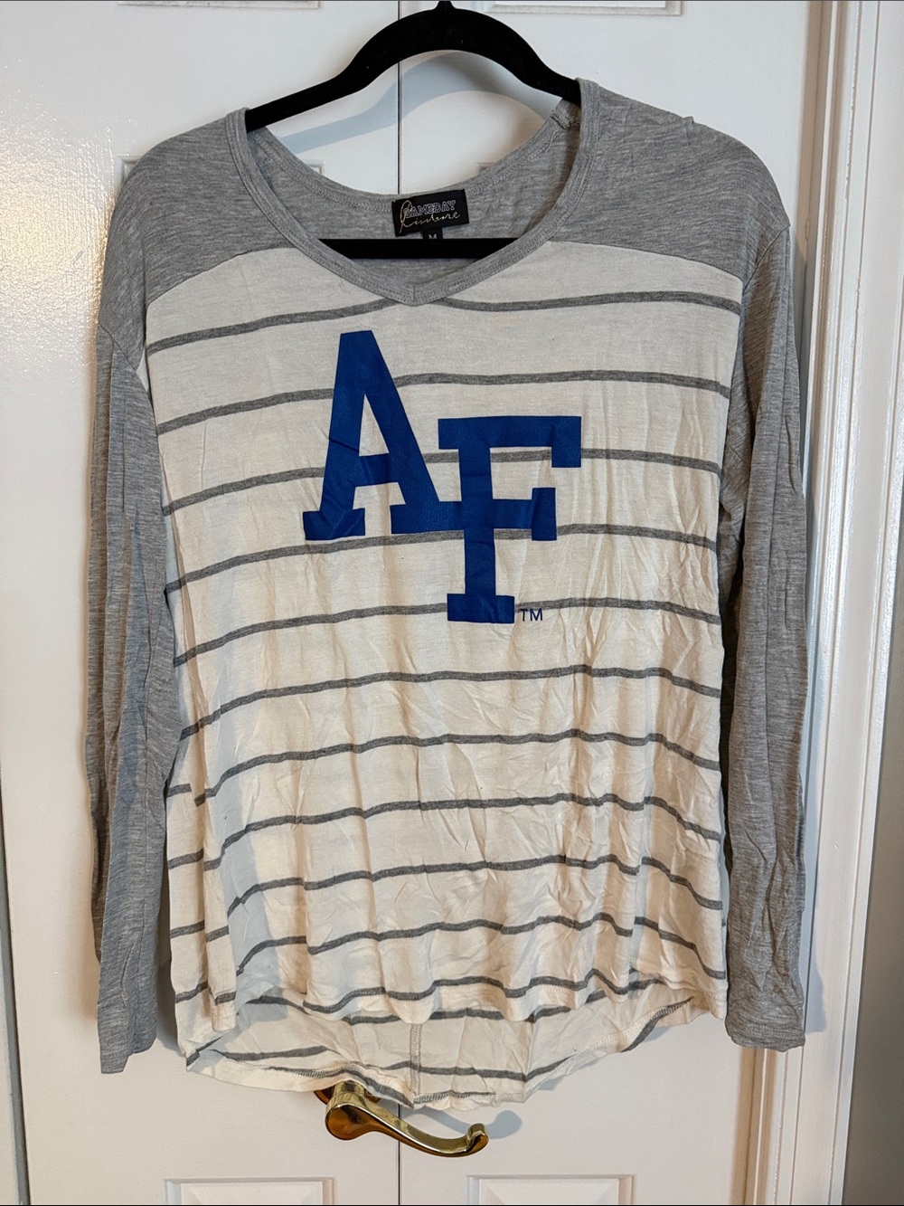Air Force Academy Striped Long Sleeve Tee - Gray & White with Blue Logo